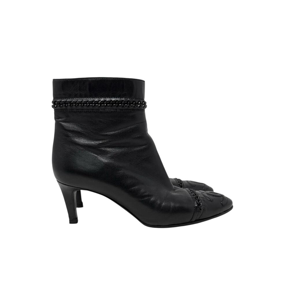 Chanel CC Chain Cap Toe Black Leather Ankle Boots Size 37